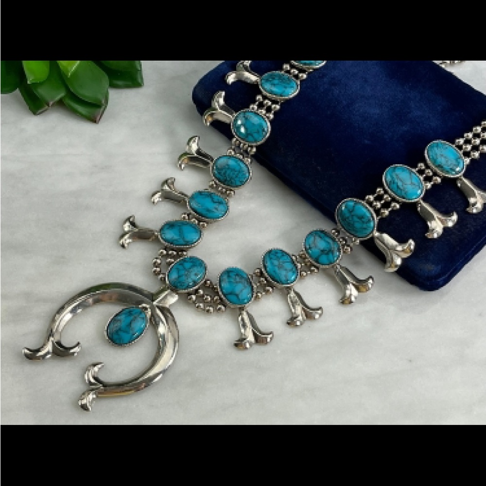 Squash Blossom Goldette. Faux Turquoise. Necklace
